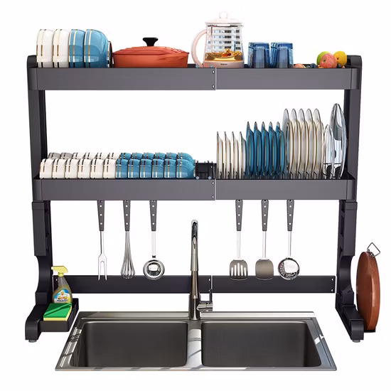 Prateleira de secagem de pratos sobre o escorredor de pia para organização de cozinha, prateleira com economia de espaço